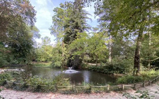 Étang et jet d'eau dans un parc arboré de Bailly, dans les Yvelines