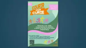 Affiche de la 20e édition de Courir pour Curie : dimanche 4 octobre 2026 à partir de 9 h, place de la Mairie à Mareil-Marly, au profit de la recherche sur les cancers pédiatriques
