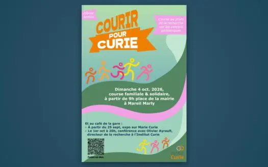 Affiche de la 20e édition de Courir pour Curie : dimanche 4 octobre 2026 à partir de 9 h, place de la Mairie à Mareil-Marly, au profit de la recherche sur les cancers pédiatriques